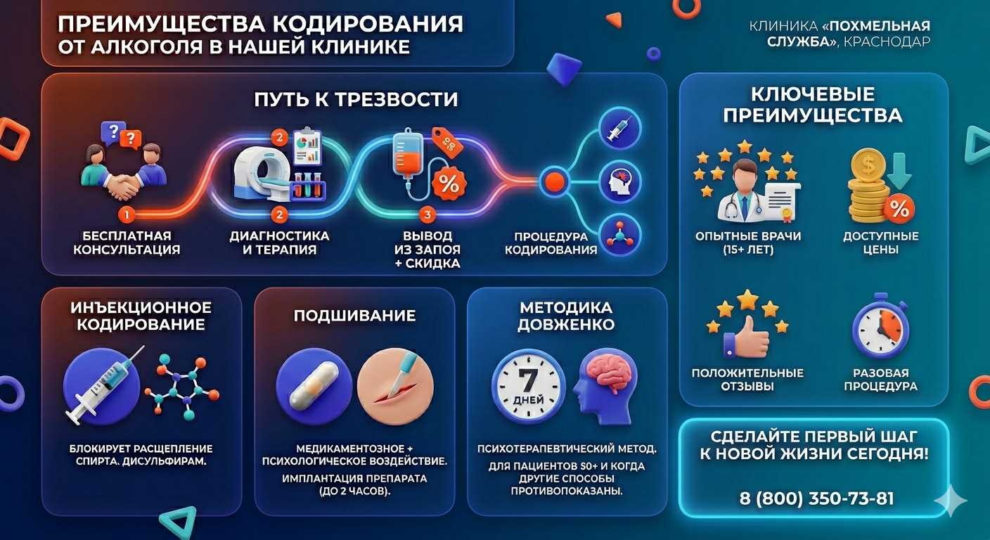 Инфографика о методах кодирования от алкоголя в Канске: инъекции, подшивание, метод Довженко. Преимущества клиники и этапы лечения.