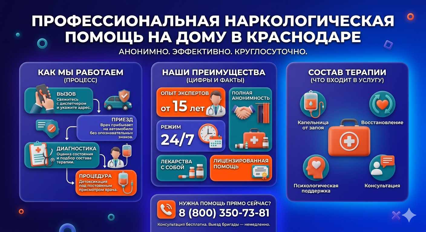 Инфографика о принципах лечения алкоголизма на дому в Канске: этапы вызова нарколога, преимущества анонимной детоксикации и состав медицинской помощи.